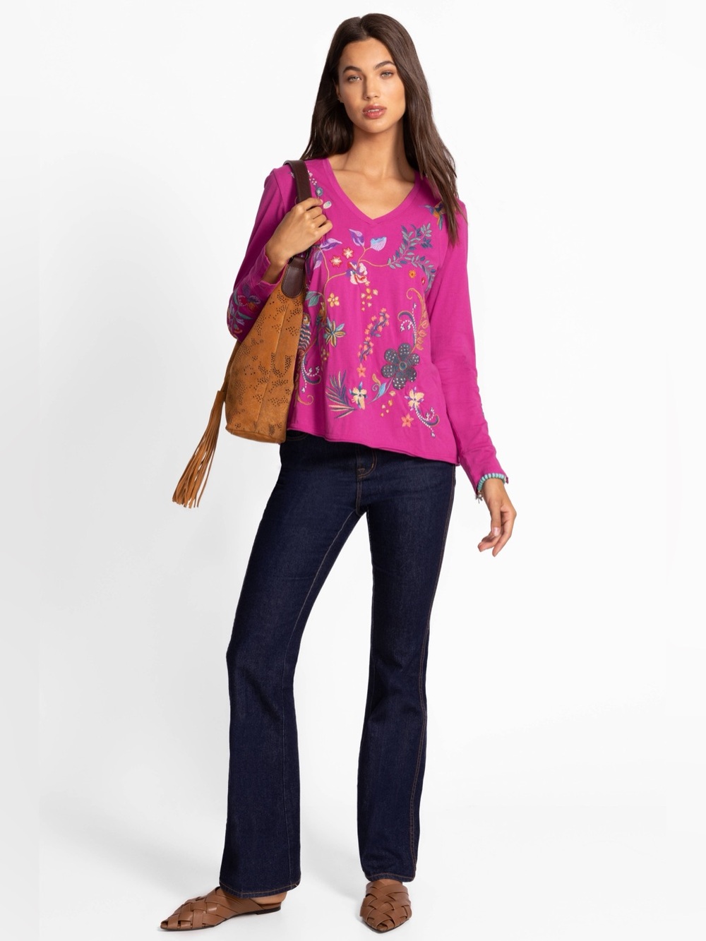 NWT Johnny Was 100% Cotton Slit Sleeve Tee Magenta Floral V-Neck Top XS